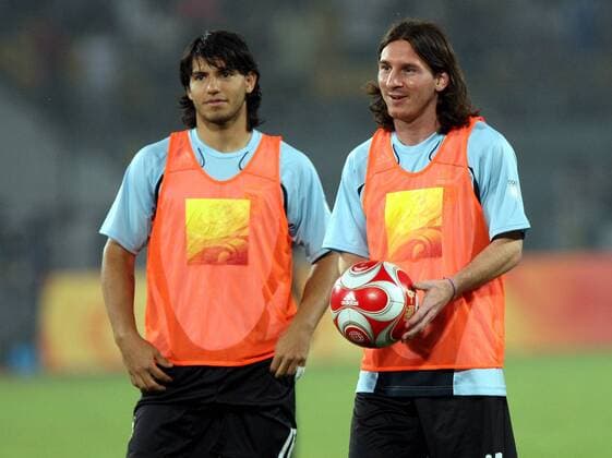 Sergio Agüero (li.) und Lionel Messi (beide Argentinien) -  - NOxONLINExUSE Fußball OS Sommer Herren Olympische Spiele Peking 2008, Sommerspiele, Länderspiel, Nationalmannschaft Gruppe o0 Olympiateam Peking