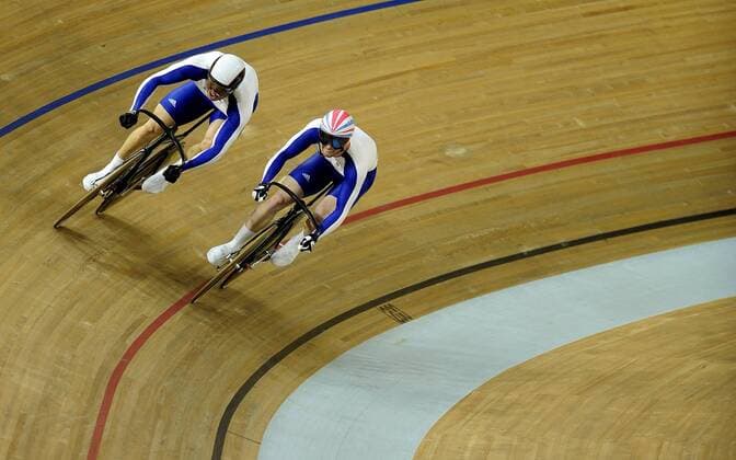 Chris Hoy (li.) neben Jason Kenny (beide Großbritannien) -  Radsport OS Sommer Herren Olympische Spiele Peking 2008, Sommerspiele, Nationaltrikot Gruppe Peking