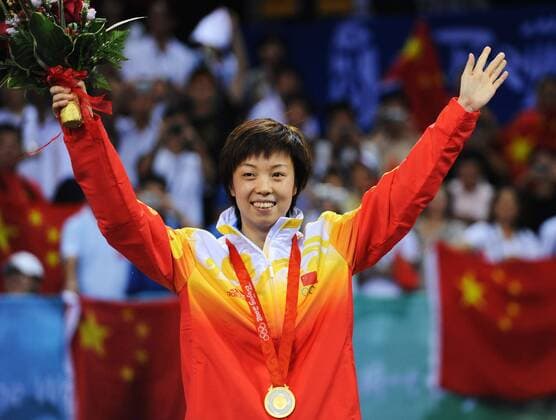Zhang Yining (China) bejubelt ihren Olympiasieg bei den Sommerspielen 2008 in Beijing -  Tischtennis OS Sommer Damen Olympische Spiele 2008, Sommerspiele Einzelbild Beijing Freude,