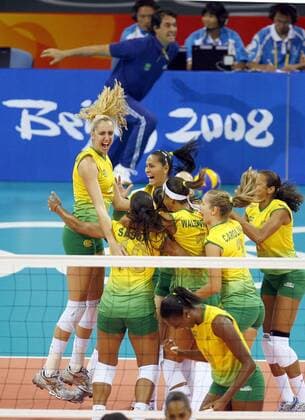 Olympiasieger Brasilien jubelt -  Volleyball OS Sommer Damen Olympische Spiele 2008, Sommerspiele, Länderspiel, Nationalteam, Nationaltrikot Totale Peking Freude, Begeisterung,
