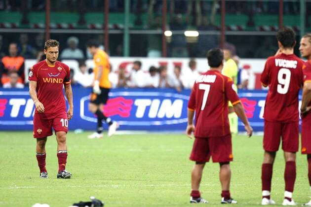 Francesco Totti (AS Rom) enttäuscht -  Fußball Herren Supercoppa 2008 2009, Italienischer Supercup, Super Cup, Roma Einzelbild Mailand Enttäuschung,