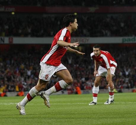 Samir Nasri (Arsenal) - Torjubel - EDITORIAL USE ONLY. No use with unauthorised audio, video, data, fixture lists, club league logos or live services. Online in-match use limited to 120 images, no video emulation. No use in betting, games or single club league player publications. Fußball EC 1 Herren Champions League Qualifikation 2008 2009, Arsenal FC London Einzelbild London Freude,