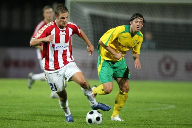 Kasper Risgard (Aalborg, li.) -  (20080827LG0008) Fußball EC 1 Herren Champions League Quali 2008 2009, FBK Kaunas -Aalborg BK Gruppe Kaunas Dynamik,