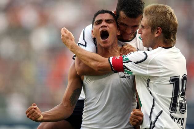 Adi Rocha Sobrinho Filho (li.) und Manuel Weber (beide Kärnten) - Torjubel -  Fußball Herren Bundesliga 2008 2009, 1. Österreichische Liga, SK Austria Kärnten Gruppe Klagenfurt Freude, Begeisterung,