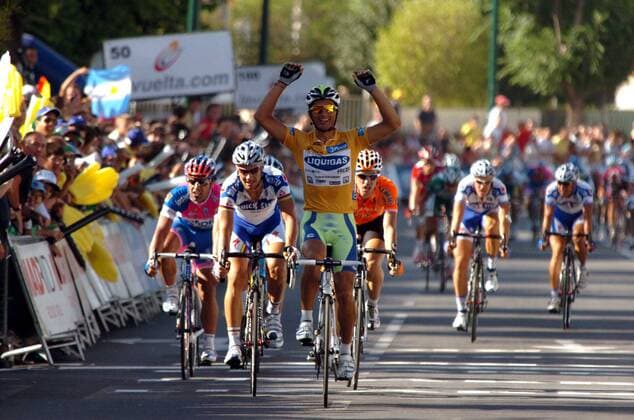 Daniele Bennati (Italien Liquigas) gewinnt die vierte Etappe der Spanienrundfahrt 2008 -  Radsport Herren Vuelta a Espana 2008, Spanienrundfahrt, Straßenradsport, Straße, Rad Gruppe 4. Etappe: Cordoba - Puertollano Begeisterung, Freude,