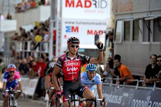 Greg van Avermaet (Belgien Silence Lotto) gewinnt die 9. Etappe der Vuelta 2008 vor Davide Rebellin (Italien Gerolsteiner, re.) -  Radsport Herren Vuelta a Espana 2008, Spanienrundfahrt, Straßenradsport, Straße, Rad Gruppe 9. Etappe: Vielha - Sabinanigo Freude,