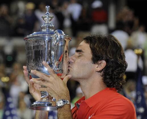 Roger Federer (Schweiz) - US Open Sieger 2008 Tennis Herren US Open 2008, Grand Slam, ATP Tour, Finale Einzelbild Flushing Meadow New York, NY N Y Glück, Freude,