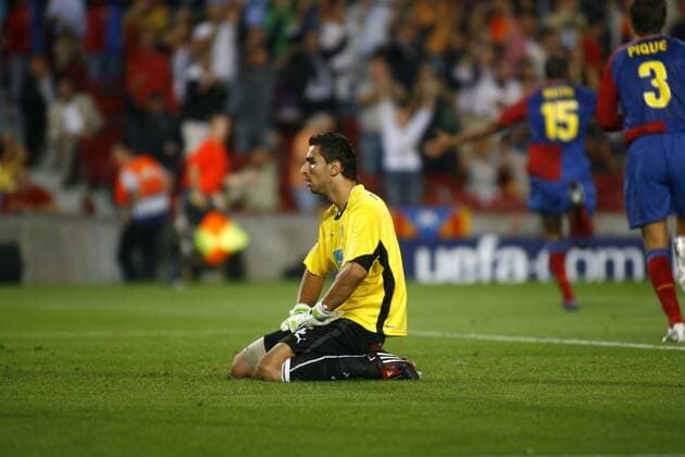 Torwart Rui Patricio (Sporting Lissabon) enttäuscht -  - NOxONLINExUSE Fußball EC 1 Herren Champions League 2008 2009, FC Barcelona - Sporting Lissabon 3:1, Barca Einzelbild Barcelona Enttäuschung,