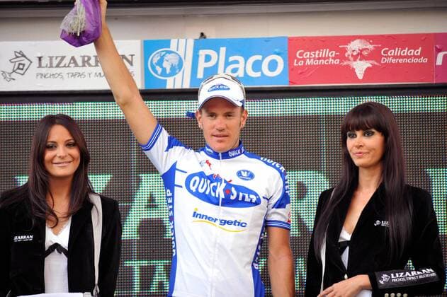 Wouter Weylandt (Belgien Quick Step, 2.v.li.) gewinnt die 17. Etappe der Spanienrundfahrt 2008 -  Radsport Herren Vuelta a Espana 2008, Spanienrundfahrt, Straßenradsport, Straße, Rad, Gruppe 17. Etappe: Zamora - Valladolid Freude,