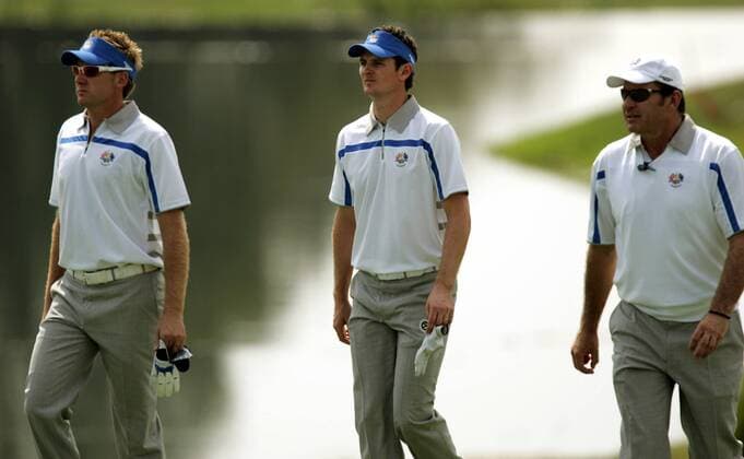 Team Europa von li.: Ian Poulter, Justin Rose und Teamkapitän Nick Faldo (alle England) -  (LOU2008091906) Golf Herren Ryder Cup 2008, Rydercup Gruppe Louisville