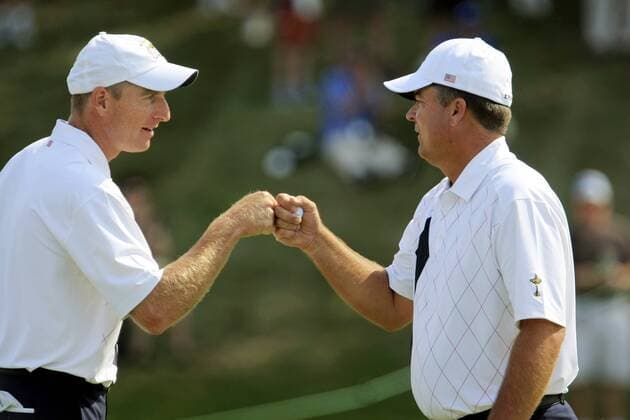 Jim Furyk (li.) und Kenny Perry (beide Team USA) -  (GLF2008091801) Golf Herren Ryder Cup 2008, Rydercup, Gruppe Louisville Harmonie, Kameradschaft, Freude,