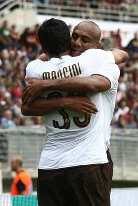 Mancini (li.) und Maicon (beide Inter Mailand) - Torjubel -  Fußball Herren Serie A 2008 2009, 1. Italienische Liga, FC Internazionale Mailand Gruppe Turin Freude,