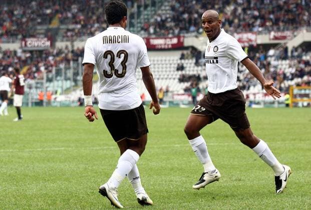 Mancini (li.) und Maicon (beide Inter Mailand) - Torjubel -  Fußball Herren Serie A 2008 2009, 1. Italienische Liga, FC Internazionale Mailand Gruppe Turin Freude,