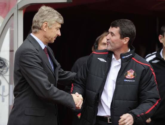 Trainer Arsene Wenger (Arsenal, li.) und Trainerkollege Roy Keane (Sunderland) - EDITORIAL USE ONLY. No use with unauthorised audio, video, data, fixture lists, club league logos or live services. Online in-match use limited to 120 images, no video emulation. No use in betting, games or single club league player publications. Fußball Herren English Premier League 2008 2009, 1. Englische Liga, FC Sunderland AFC - FC Arsenal London Gruppe Sunderland