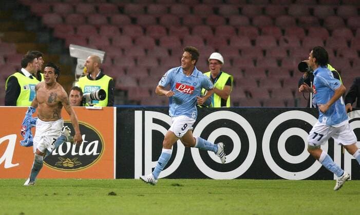Ezequiel Lavezzi (li.), German Denis (Mitte) und Daniele Mannini (alle Neapel) - Torjubel -  Fußball Herren Serie A 2008 2009, 1. Italienische Liga, SSC Napoli Gruppe Neapel Freude, Begeisterung,