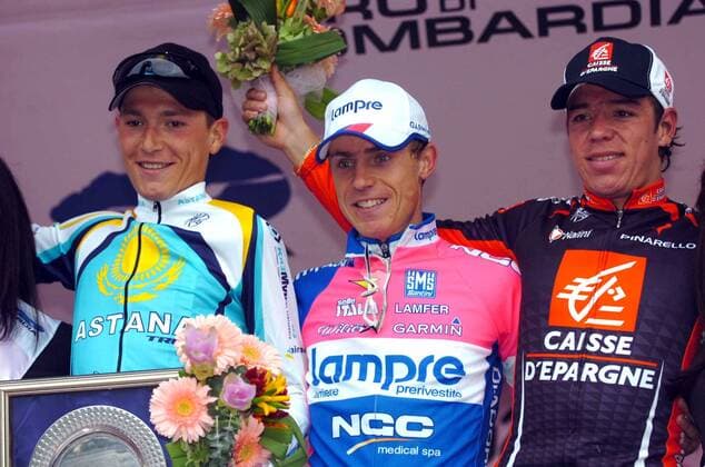 Siegerehrung Giro Di Lombardia 2008: Sieger Damiano Cunego (Italien Lampre) gewinnt vor Janez Brajkovic (Slowenien Astana, li.) und Rigoberto Uran (Kolumbien Caisse d Epargne) -  Radsport Herren Giro di Lombardia 2008, Lombardei Rundfahrt, Lombardeirundfahrt, Straßenradsport, Straße, Rad Gruppe Varese - Como