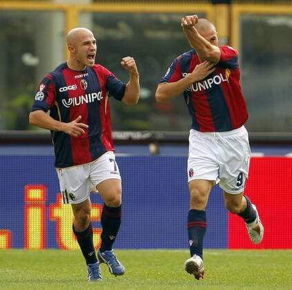 Marco Di Vaio (re.) und Francesco Valiani (beide Bologna) - Torjubel -  Fußball Herren Serie A 2008 2009, 1. Liga, Bologna FC Gruppe Bologna Freude,