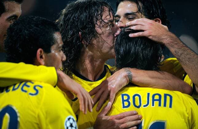 Carles Puyol (Mitte) und Bojan Krkic (beide FC Barcelona) - Torjubel - Fußball EC 1 Herren Champions League 2008 2009, Barca Gruppe Basel Freude,