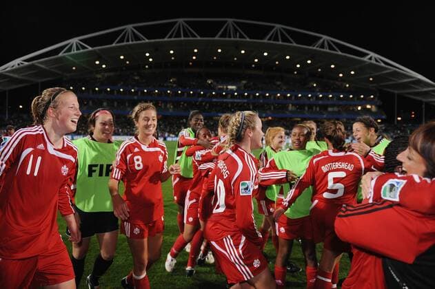 Schlußjubel Kanada U17 - Fußball WM Damen U 17 WM 2008, U17, Jugend, Nachwuchs, Junioren, Frauen, Frauenfußball, Nationalteam Gruppe Eröffnungsspiel Auckland Begeisterung, Freude,