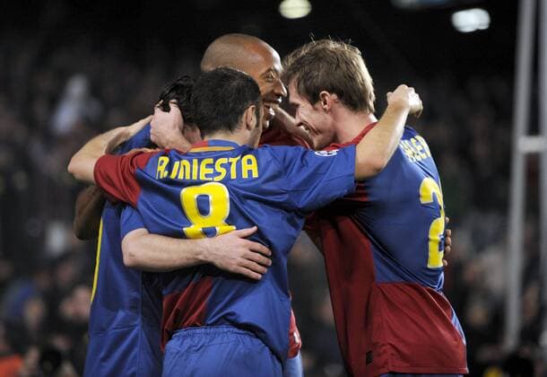 Torjubel FC Barcelona, v. re.: Aliaksandr Hleb, Thierry Henry und Andres Iniesta -  (pan18584) Fußball EC 1 Herren Champions League 2008 2009, Barca Gruppe Barcelona Freude,