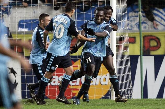 Torjubel Marseille, v.li.: Karim Ziani, Hatem Ben Arfa, Mamadou Niang und Taye Taiwo -  Fußball EC 1 Herren Champions League 2008 2009, Olympique Marseille, OM Gruppe Marseille Freude,