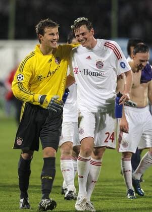 Torwart Michael Rensing und Tim Borowski (beide Bayern) - Schlussjubel Fußball EC 1 Herren Champions League 2008 2009, FC Bayern München Gruppe Florenz Freude,