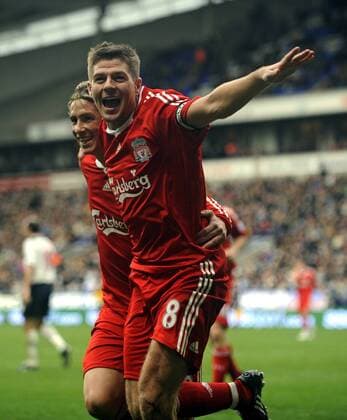 Steven Gerrard (re.) und Fernando Torres (beide Liverpool) - Torjubel - EDITORIAL USE ONLY. No use with unauthorised audio, video, data, fixture lists, club league logos or live services. Online in-match use limited to 120 images, no video emulation. No use in betting, games or single club league player publications. Fußball Herren English Premier League 2008 2009, 1. Englische Liga, Liverpool FC Gruppe Bolton Freude,