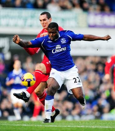Yakubu Ayegbeni (Everton, re.) gegen Emanuel Pogatetz (Middlesbrough) - EDITORIAL USE ONLY. No use with unauthorised audio, video, data, fixture lists, club league logos or live services. Online in-match use limited to 120 images, no video emulation. No use in betting, games or single club league player publications. Fußball Herren English Premier League 2008 2009, 1. Englische Liga, Everton FC - Middlesbrough FC 1:1 Gruppe Liverpool Dynamik,