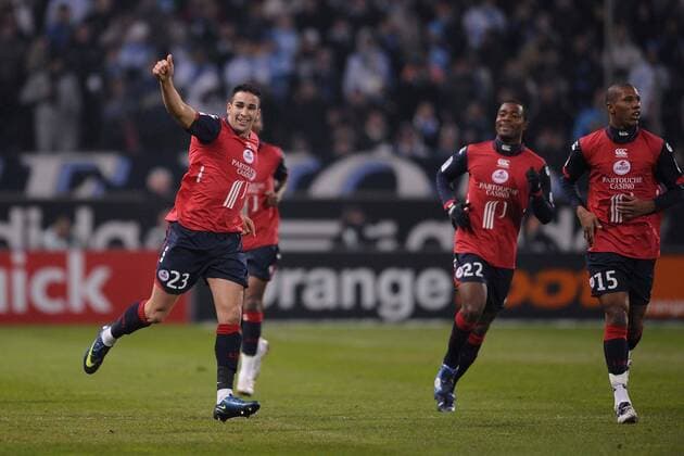 Torjubel Lille, v.li.: Adil Rami, Aurelien Chedjou und Emerson -  Fußball Herren Ligue 1 2008 2009, 1. Französische Liga, OSC Lille Gruppe Marseille Freude,