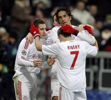 Torjubel Bayern, v. li.: Miroslav Klose, Luca Toni, Franck Ribery Fußball EC 1 Herren Champions League 2008 2009, FC Bayern München Gruppe München Freude,