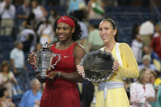 Serena Williams (USA, li.) gewinnt das Finale der US Open 2008 gegen Jelena Jankovic (Serbien) - (Icon3300809071968) Tennis Damen US Open 2008, WTA Tour, Grand Slam, Finale Gruppe Flushing Meadows New York, NY, N Y Freude, EDITORIAL USE ONLY