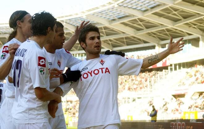 Adrian Mutu (AC Florenz, re.) - Torjubel -  Fußball Herren Serie A 2008 2009, 1. Italienische Liga, ACF Fiorentina Gruppe Turin Freude,