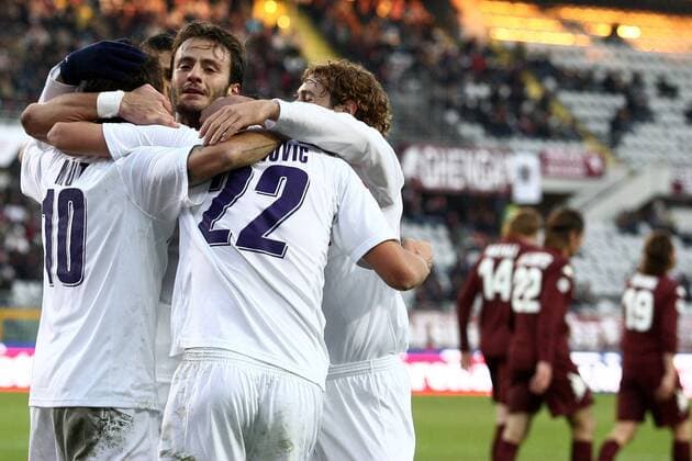 Torjubel AC Florenz, u. a.: Alberto Gilardino (2. v. li.) -  Fußball Herren Serie A 2008 2009, 1. Italienische Liga, Torino FC - ACF Fiorentina 1:4, AC Florenz Gruppe Turin Freude,