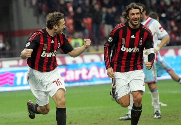 Andriy Shevchenko (li.) und Paolo Maldini (beide AC Mailand) - Torjubel -  Fußball Herren Serie A 2008 2009, 1. Italienische Liga, AC Milan Gruppe Mailand Freude, Begeisterung,