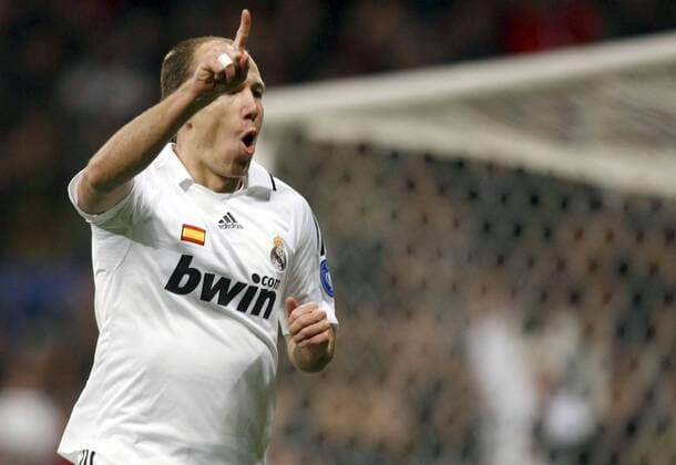 Torschütze Arjen Robben (Real Madrid) jubelt -  - NOxONLINExUSE Fußball EC 1 Herren Champions League 2008 2009, Real Madrid Einzelbild Madrid Freude, Begeisterung,