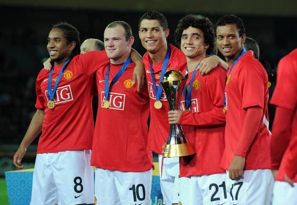 Manchester United ist Klubweltmeister 2008 v.li.: Anderson, Wayne Rooney, Cristiano Ronaldo, Rafael und Nani - Fußball WM Herren FIFA Klub WM 2008, World Championship, Toyota Cup, WorldCup, Finale Gruppe Washington Redskins Yokohama Freude,
