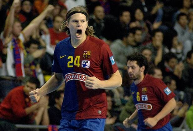 Mikkel Hansen (FC Barcelona) jubelt -  - NOxONLINExUSE Handball Herren Copa Asobal 2008, Finale, Spanischer Pokal, Pokalfinale, FC Barcelona, Barca, Vdig Einzelbild Barcelona Freude, Begeisterung,
