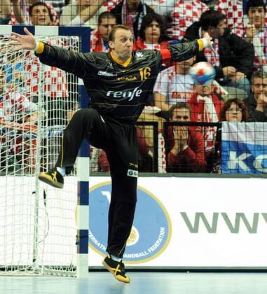 Torwart David Barrufet Bofill (Spanien) Handball Länderspiel Herren WM 2009, Nationalteam, Nationaltrikot, Einzelbild Split Dynamik,