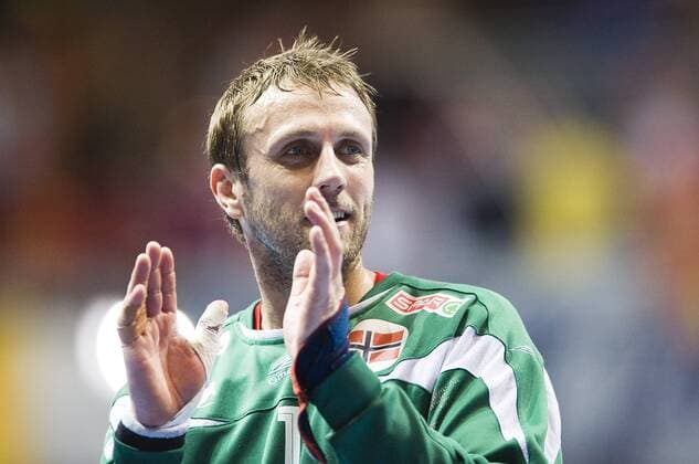 Torwart Steinar Ege (Norwegen) - Schlußjubel Handball Länderspiel Herren WM 2009, Nationalteam, Nationaltrikot Einzelbild Zadar Freude,