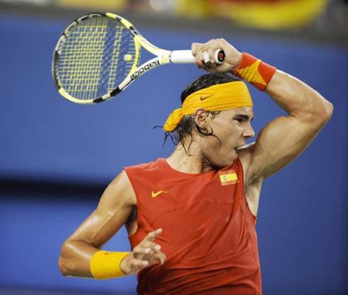 Rafael Nadal (Spanien) Tennis OS Sommer Herren Olympische Spiele Peking 2008, Sommerspiele, Nationaltrikot Einzelbild Peking Dynamik, Kraft,