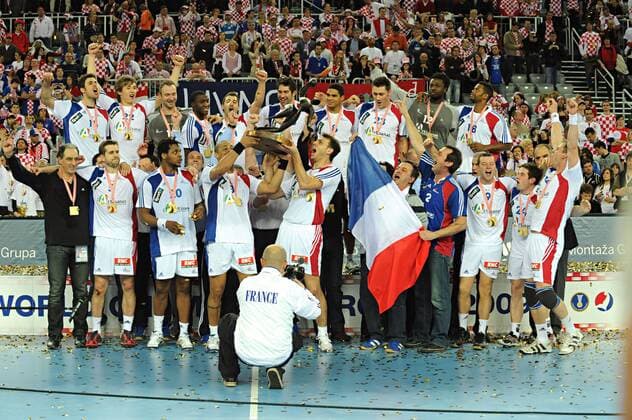 Frankreich ist Weltmeister 2009 Handball Länderspiel Herren WM 2009, Finale, Nationalteam, Nationaltrikot Totale Zagreb Begeisterung, Freude,