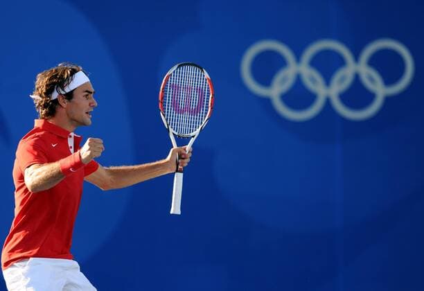 Roger Federer (Schweiz) - Jubel -  Tennis OS Sommer Herren Olympische Spiele Peking 2008, Sommerspiele, Halbfinale, Nationaltrikot Einzelbild Peking Freude
