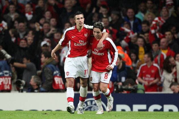 Robin van Persie (li.) und Samir Nasri (beide Arsenal) - Torjubel -  Fußball EC 1 Herren Champions League 2008 2009, FC Arsenal London Gruppe o0 Vdig London Freude, Kameradschaft,