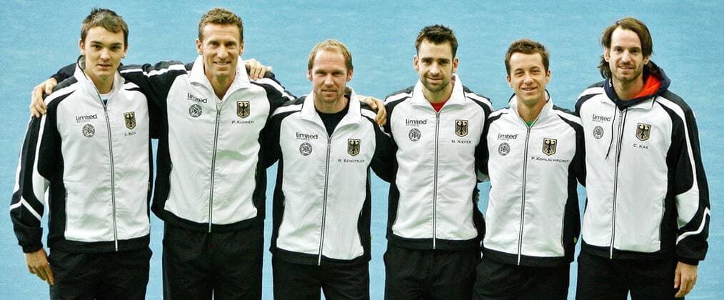 Davis Cup Team Deutschland, v.li.: Andreas Beck, Teamchef Patrik Kühnen, Rainer Schüttler, Nicolas Kiefer, Philipp Kohlschreiber und Christopher Kas -  Tennis Herren Davis Cup 2009, DavisCup, , Pressetermin, Präsentation Gruppe Garmisch Partenkirchen