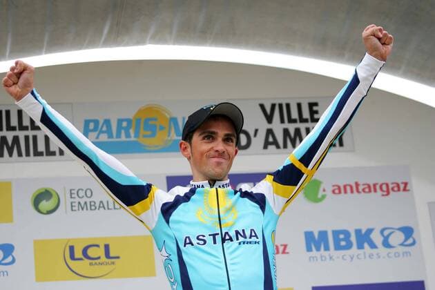 Alberto Contador (Spanien Astana) gewinnt den Prolog bei Paris Nizza 2009 -  Radsport Herren Paris Nizza 2009, Straßenradsport, Straße, Rad, Prolog, Zeitfahren, Einzelzeitfahren Einzelbild Amilly Freude,