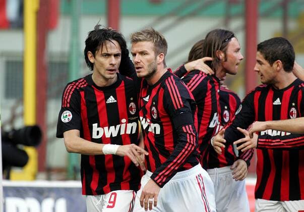 Filippo Inzaghi (li.) und David Beckham (beide AC Mailand) - Torjubel - Fußball Herren Serie A 2008 2009, 1. Italienische Liga, AC Milan Gruppe Mailand Freude,