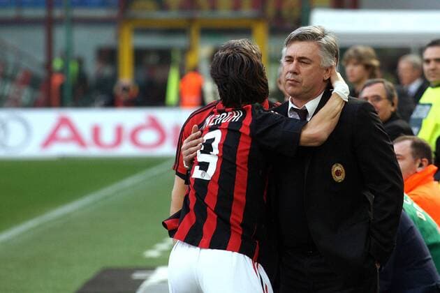 Trainer Carlo Ancelotti (re.) bedankt sich bei Filippo Inzaghi (beide AC Mailand) - Fußball Herren Serie A 2008 2009, 1. Italienische Liga, AC Milan Gruppe Mailand