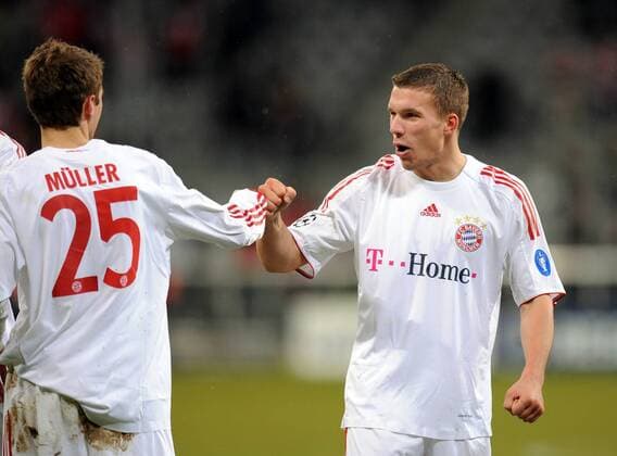 Lukas Podolski (re.) und Thomas Müller (beide Bayern) - Torjubel Fußball EC 1 Herren Champions League 2008 2009, FC Bayern München Gruppe München Freude,
