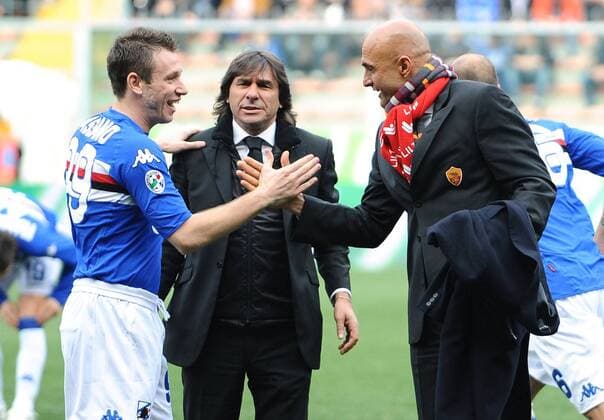 Antonio Cassano (Sampdoria Genua, li.), Trainer Luciano Spalletti (re.) und Technischer Direktor Bruno Conti (beide AS Rom) -  Fußball Herren Serie A 2008 2009, 1. Liga, Sampdoria Genua - AS Rom 2:2, Roma Gruppe Genua Kameradschaft,
