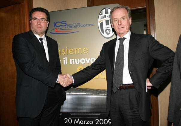 Präsident Giovanni Cobolli Gigli (Juventus Turin, re.) und Andrea Cardinaletti, Präsident Istituto per il Credito Sportivo (ICS) - Pressekonferenz zur Zusammenarbeit beim Stadionneubau - (SZUC109) Fußball Herren Serie A 2008 2009, 1. Italienische Liga, Juventus Turin, Juve, PK, Pressetermin, Vdig Gruppe Turin